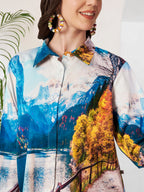 Women's Scenic Mountain Lake Print Full Sleeve Button-Down Shirt