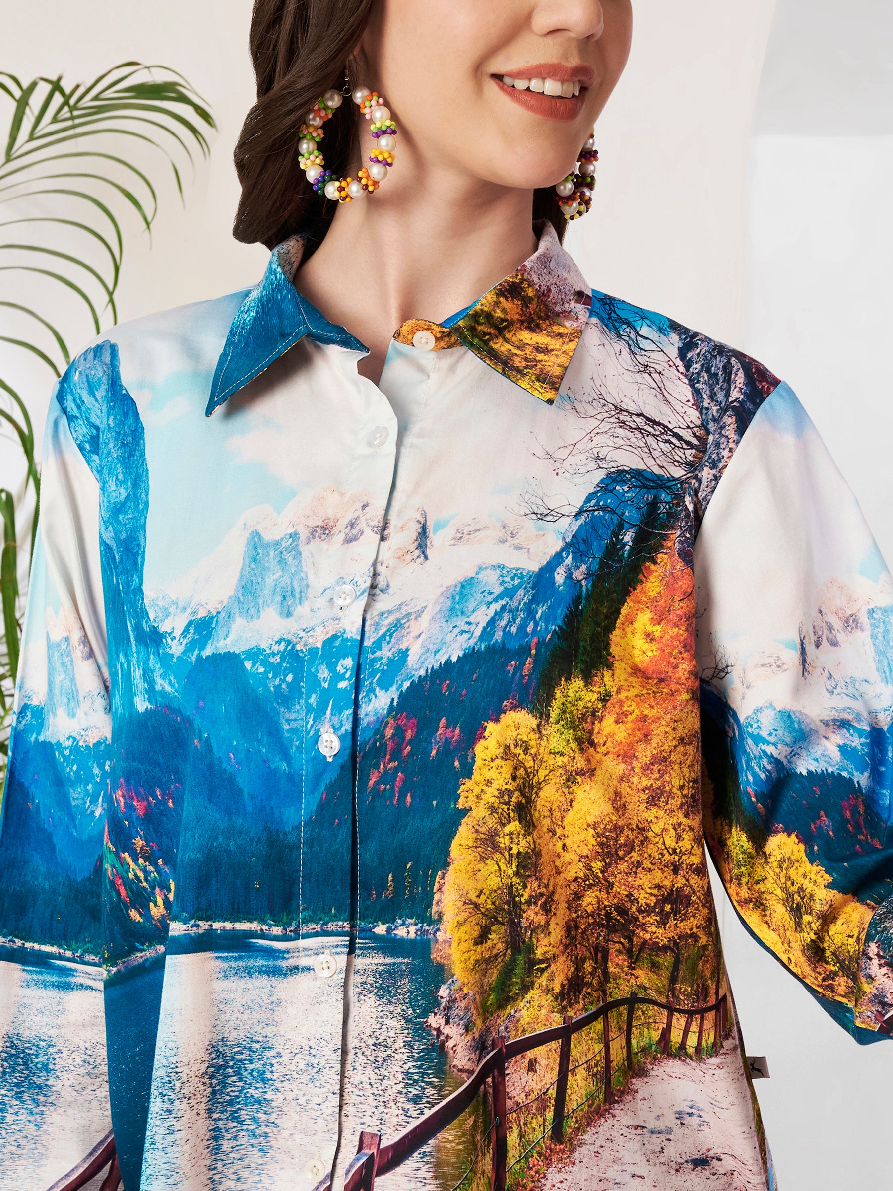 Women's Scenic Mountain Lake Print Full Sleeve Button-Down Shirt