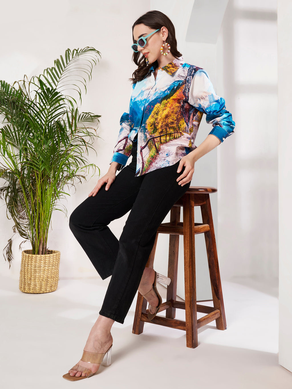 Women's Scenic Mountain Lake Print Full Sleeve Button-Down Shirt