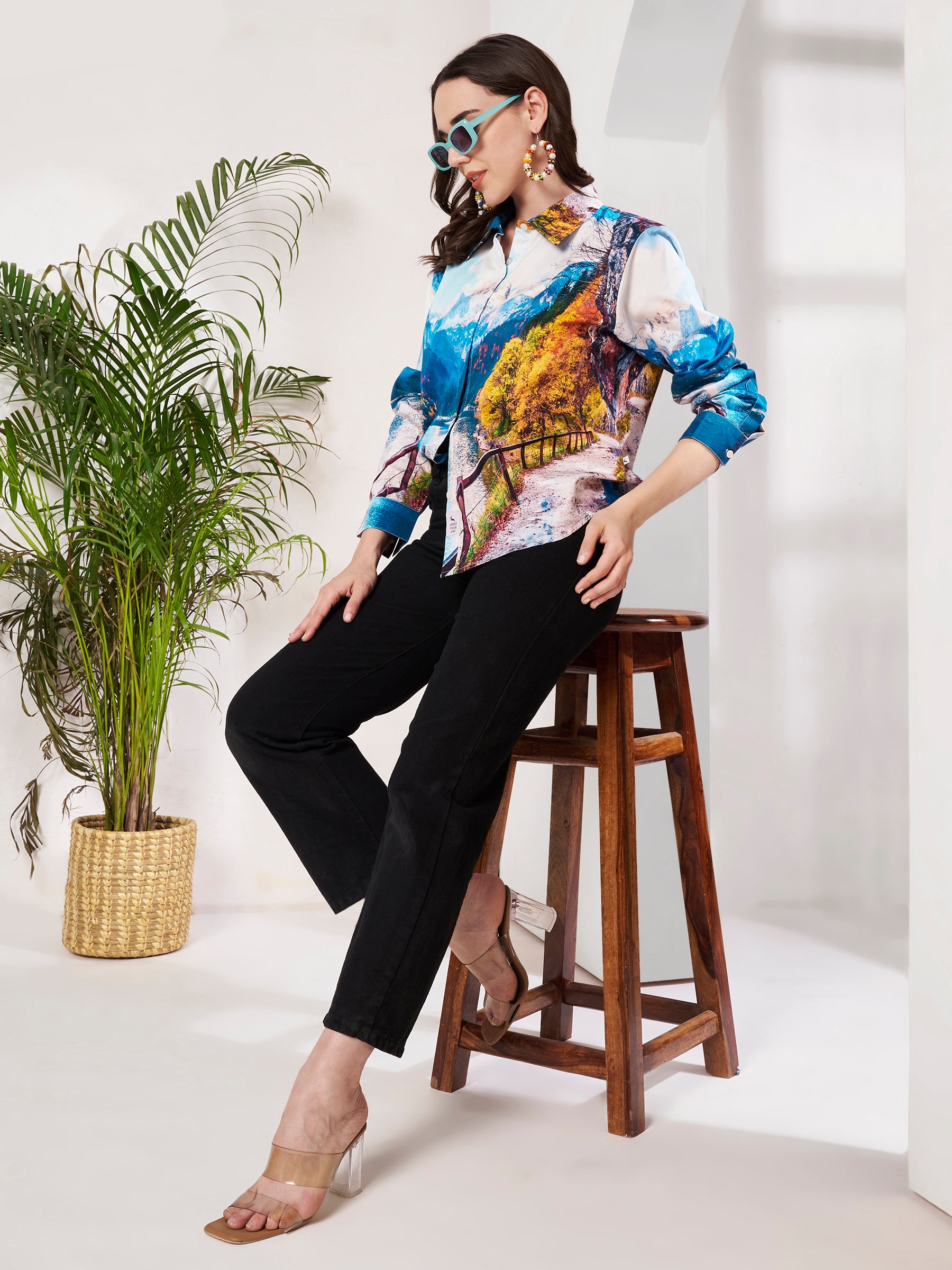 Women's Scenic Mountain Lake Print Full Sleeve Button-Down Shirt