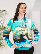 Women's Ocean Ship Print Full Sleeve Button-Down Shirt