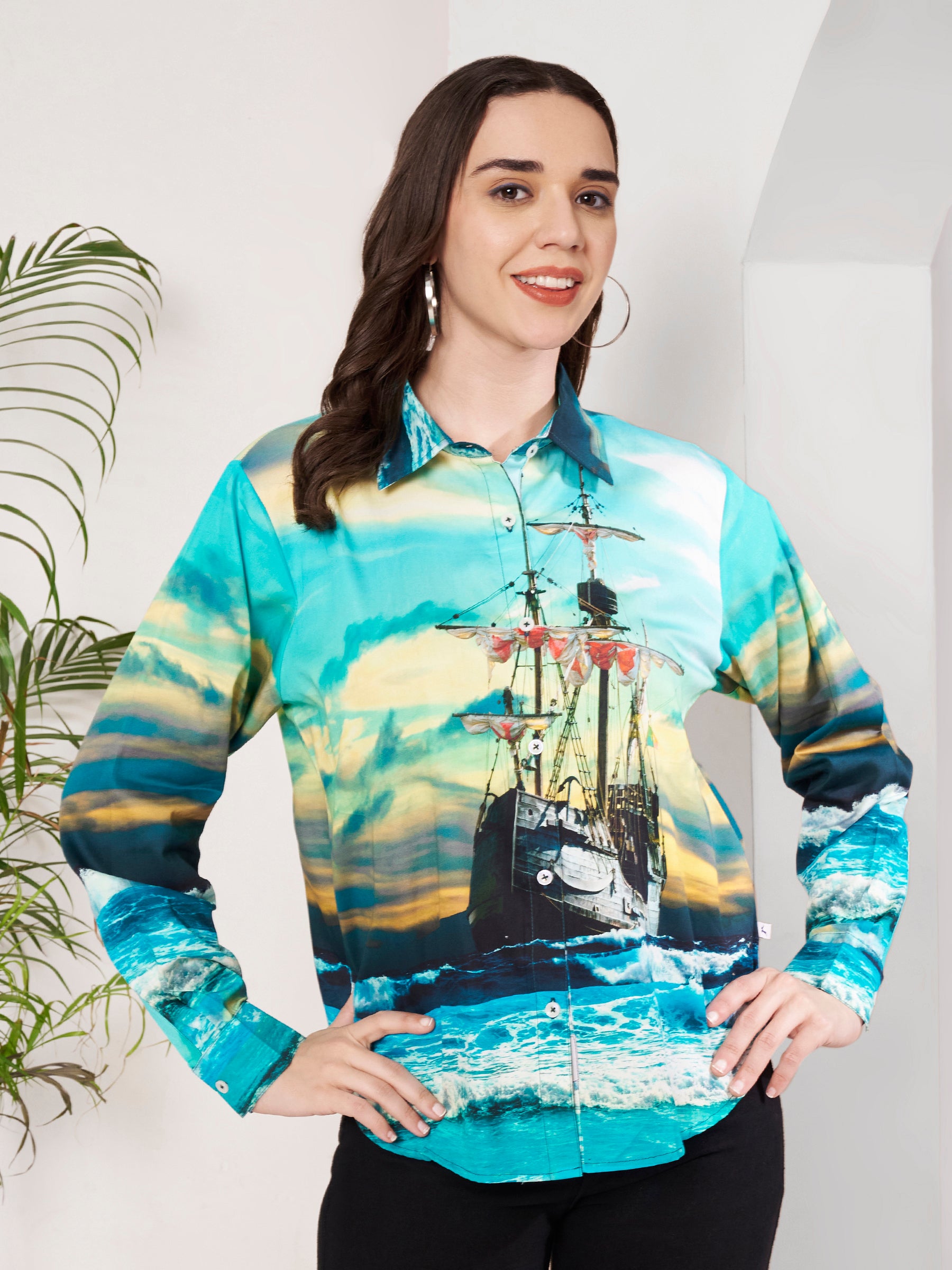 Women's Ocean Ship Print Full Sleeve Button-Down Shirt