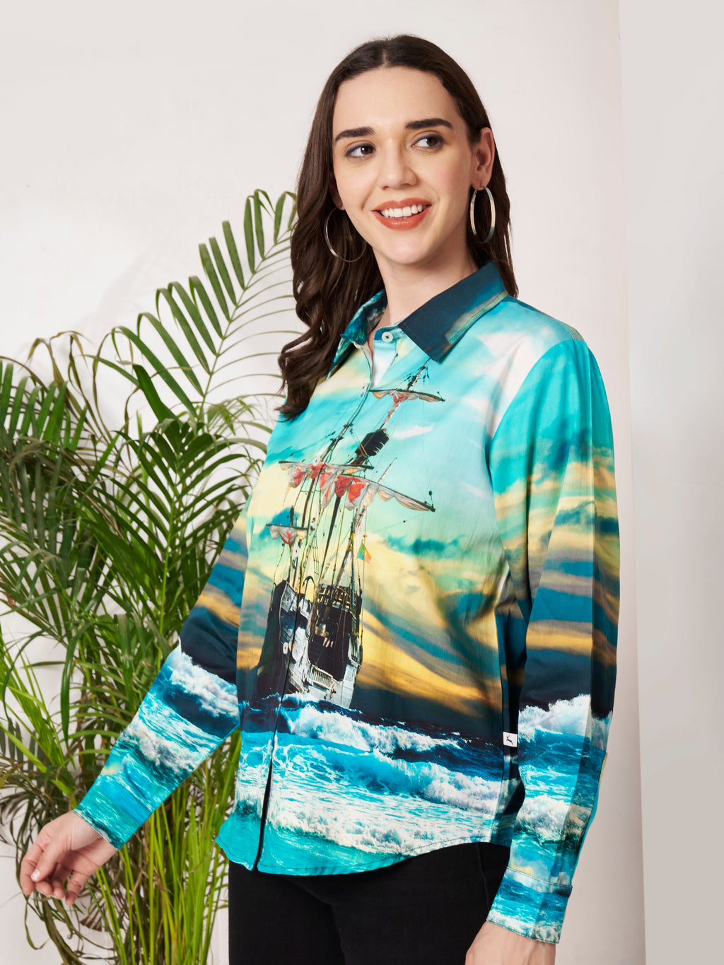 Women's Ocean Ship Print Full Sleeve Button-Down Shirt