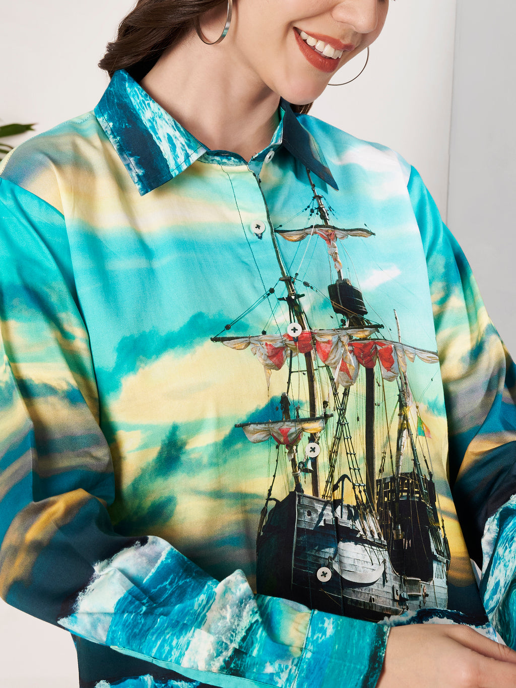 Women's Ocean Ship Print Full Sleeve Button-Down Shirt