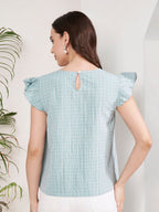 Women's Checked Ruffle Sleeve V-Neck Top