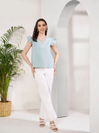Women's Textured Ruffle Sleeve V-Neck Top