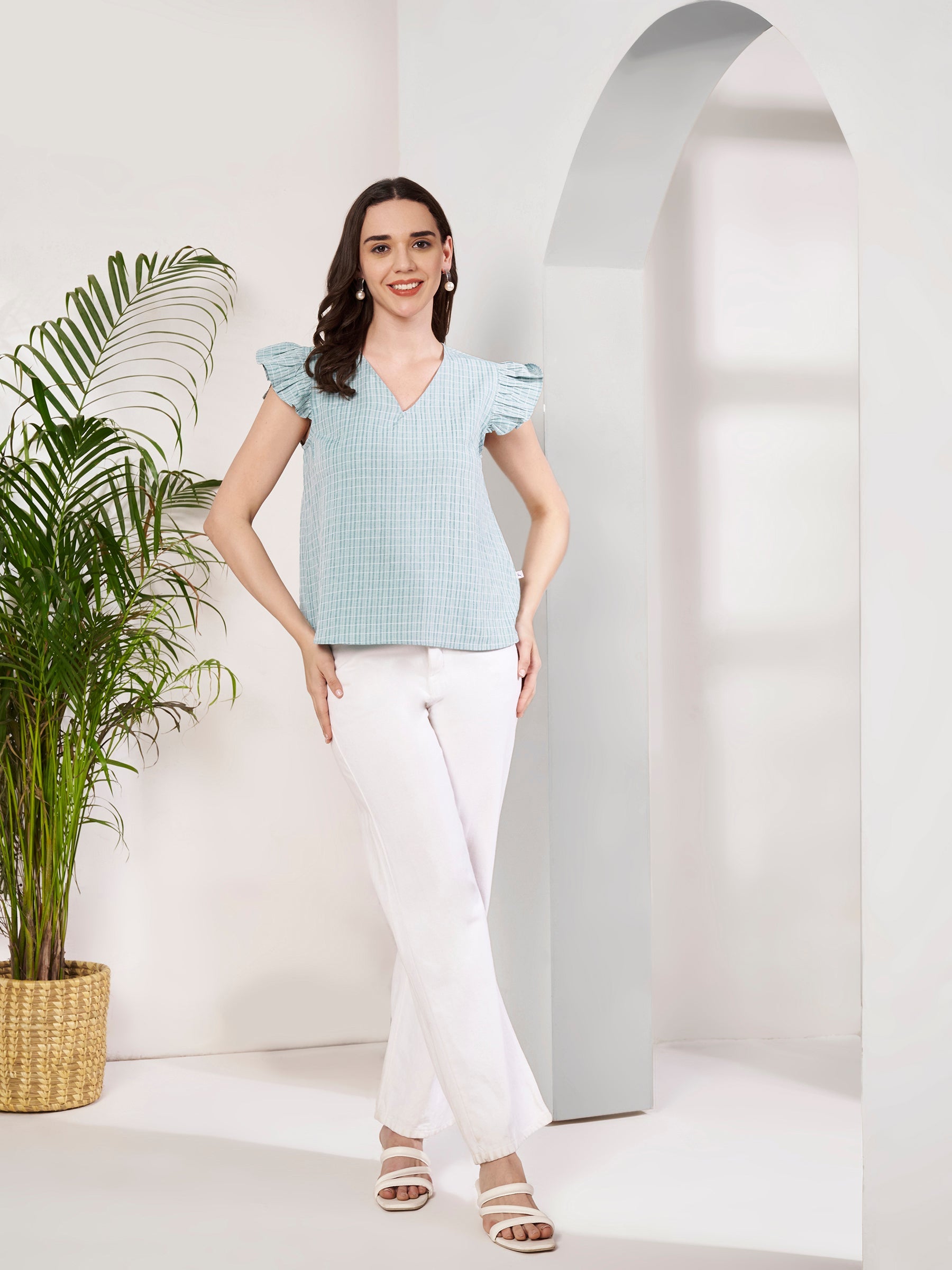 Women's Checked Ruffle Sleeve V-Neck Top