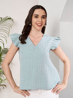 Women's Textured Ruffle Sleeve V-Neck Top