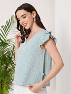 Women's Textured Ruffle Sleeve V-Neck Top