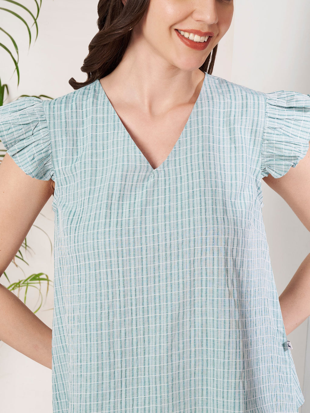 Women's Checked Ruffle Sleeve V-Neck Top