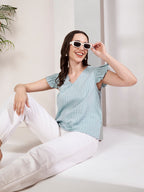 Women's Textured Ruffle Sleeve V-Neck Top