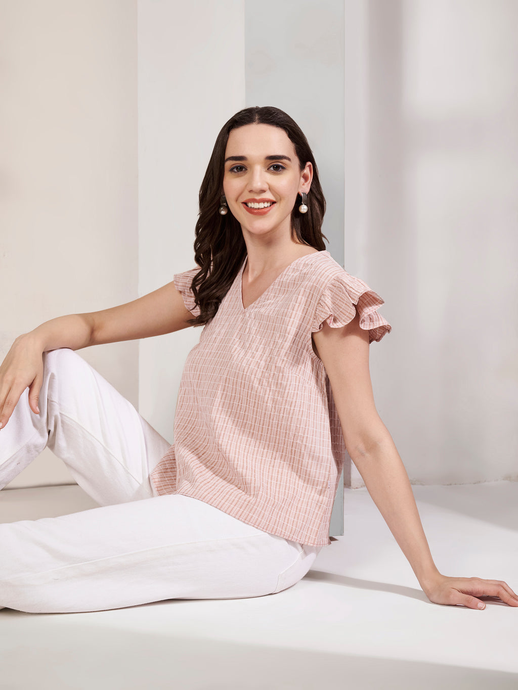 Women's Checked Ruffle Sleeve V-Neck Top