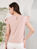 Women's Checked Ruffle Sleeve V-Neck Top