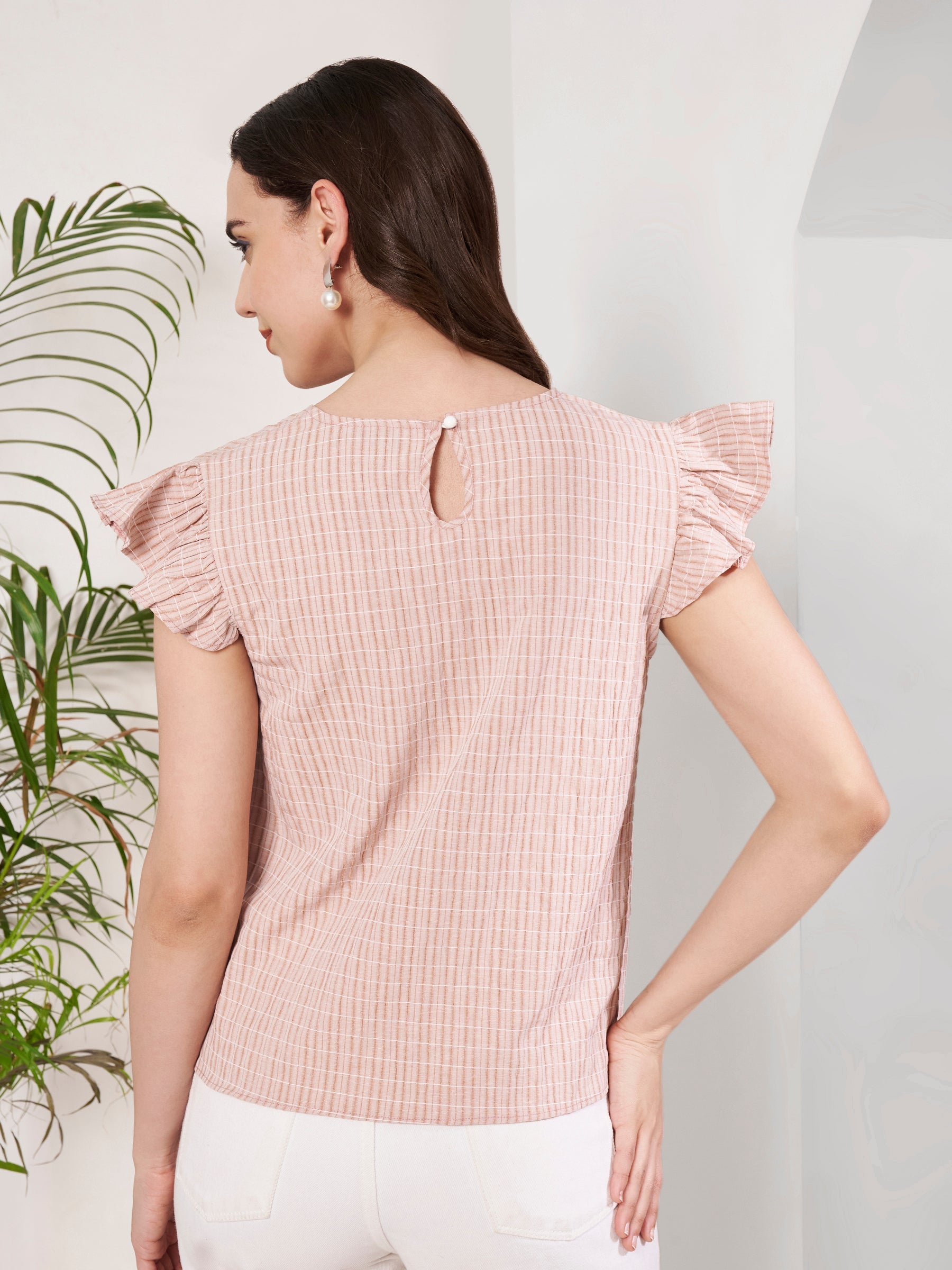 Women's Checked Ruffle Sleeve V-Neck Top