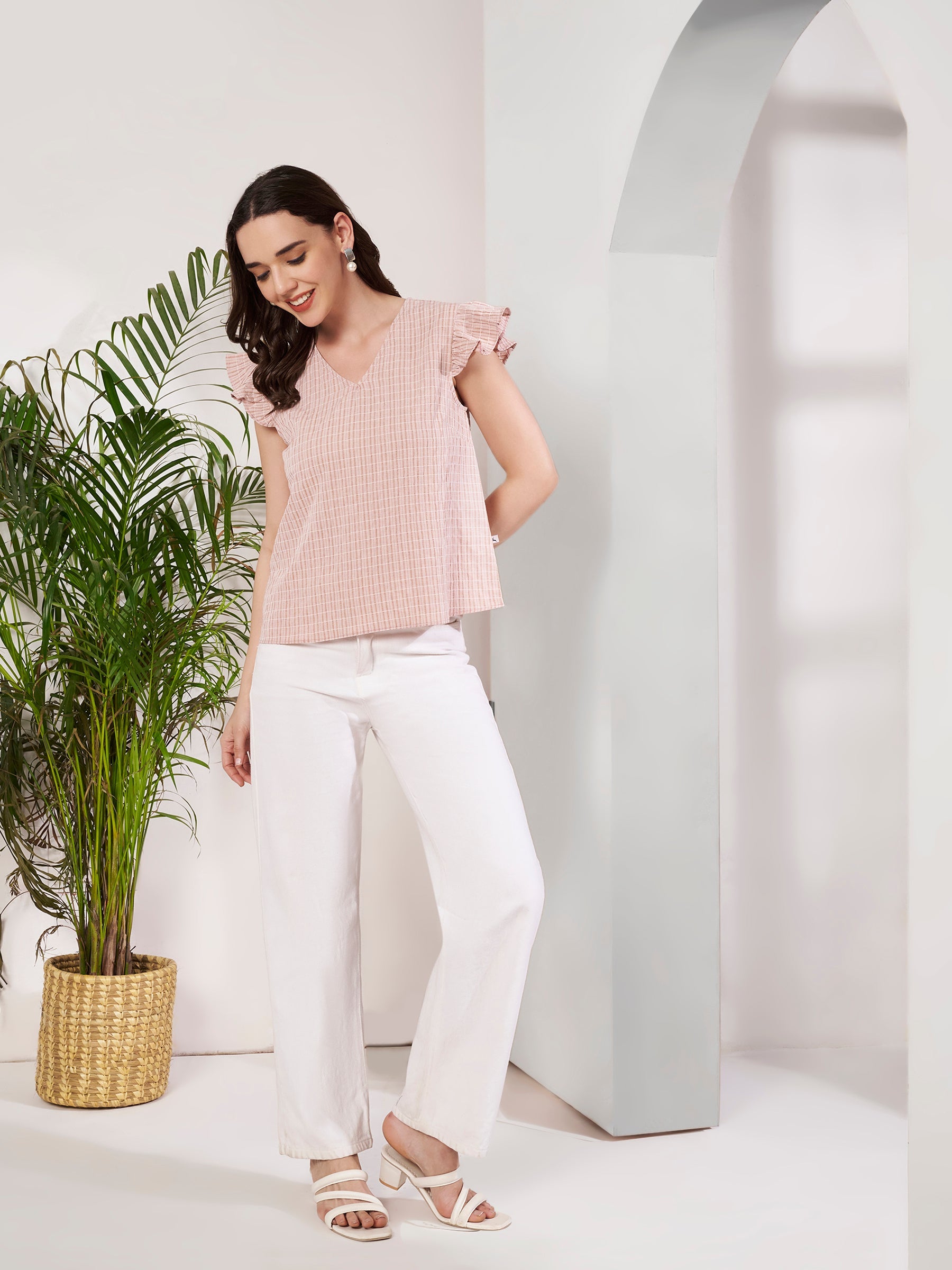 Women's Checked Ruffle Sleeve V-Neck Top