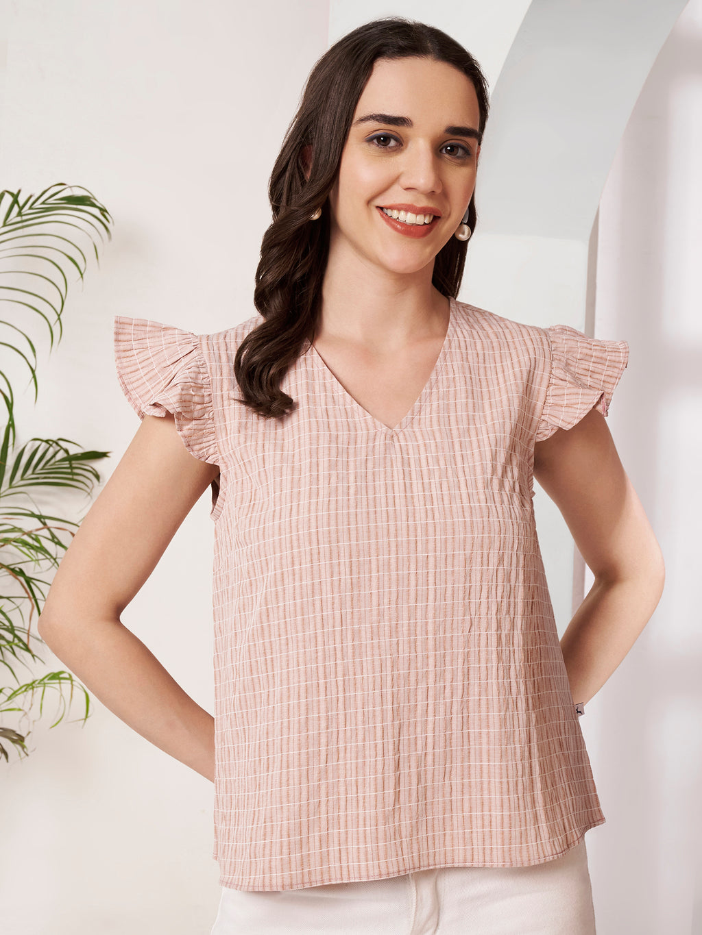 Women's Checked Ruffle Sleeve V-Neck Top