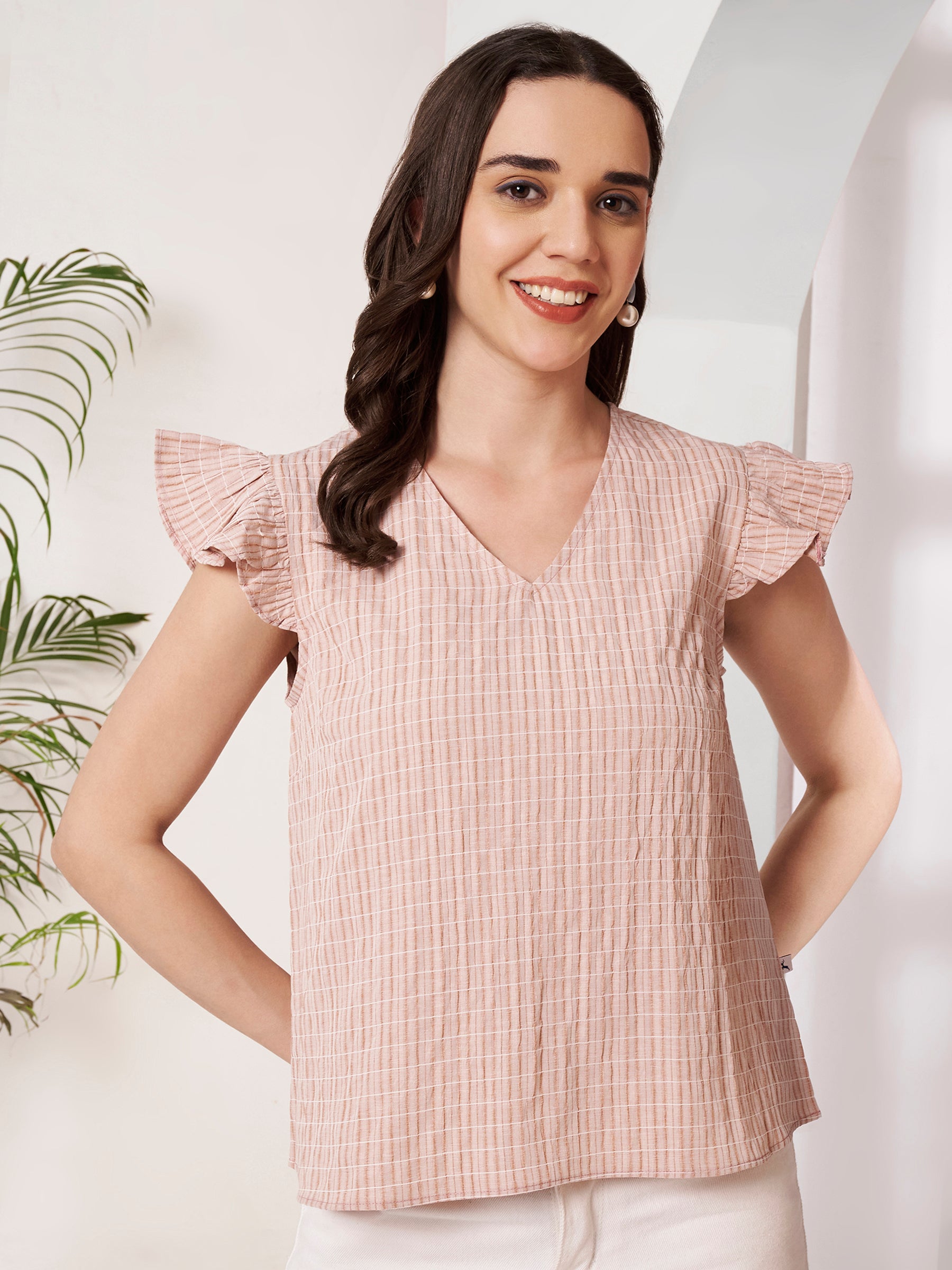 Women's Checked Ruffle Sleeve V-Neck Top