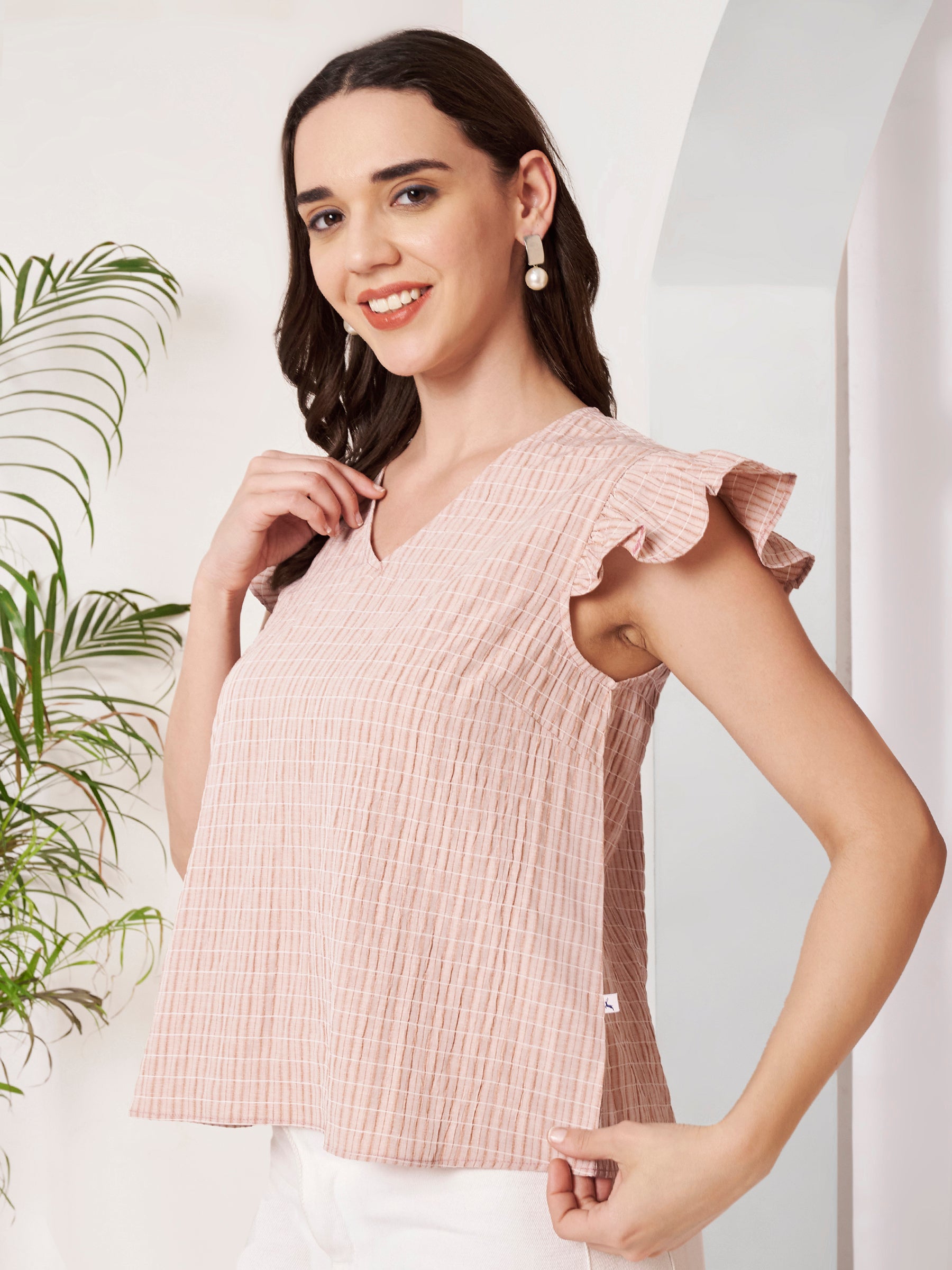 Women's Checked Ruffle Sleeve V-Neck Top