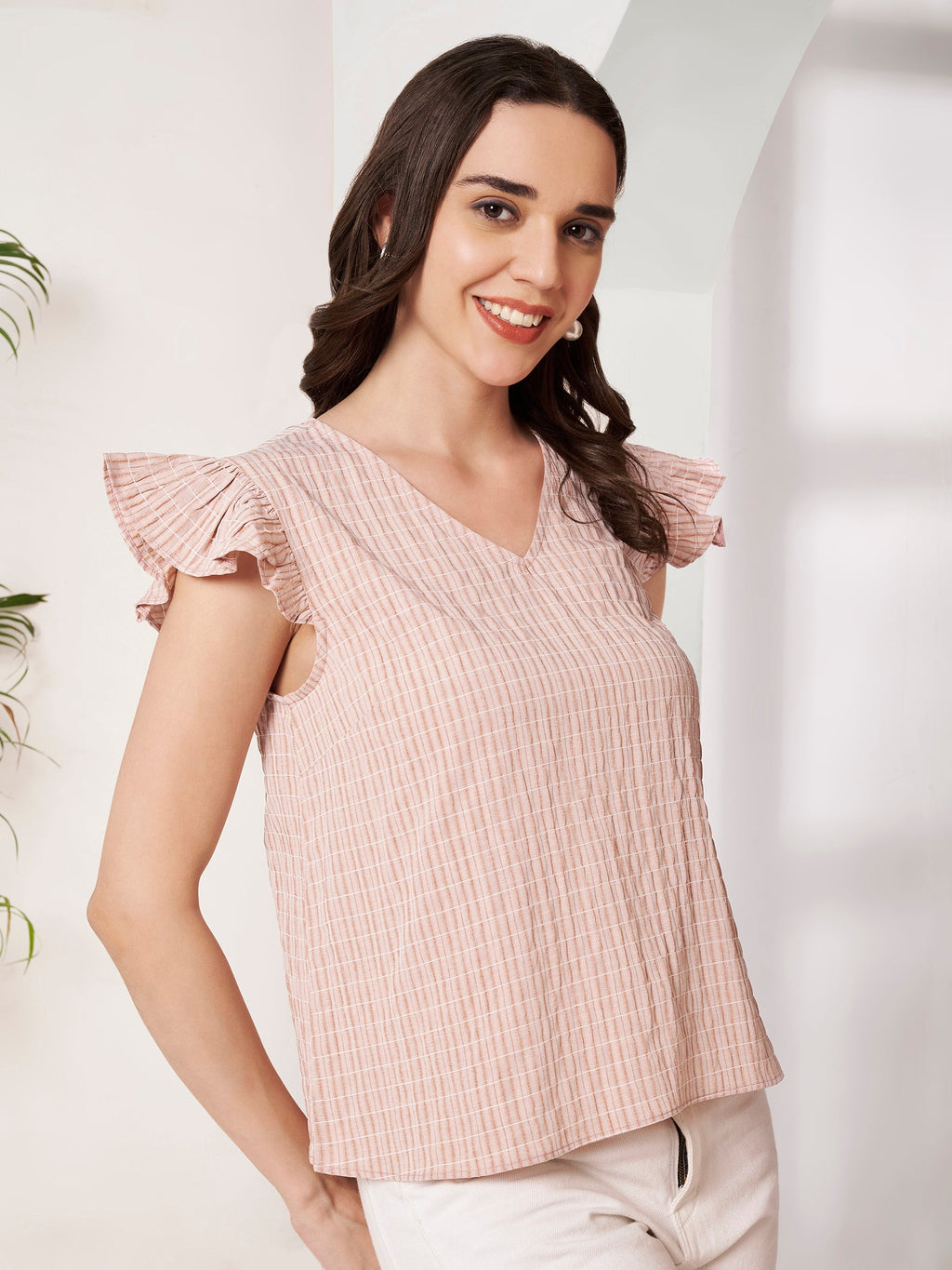 Women's Checked Ruffle Sleeve V-Neck Top