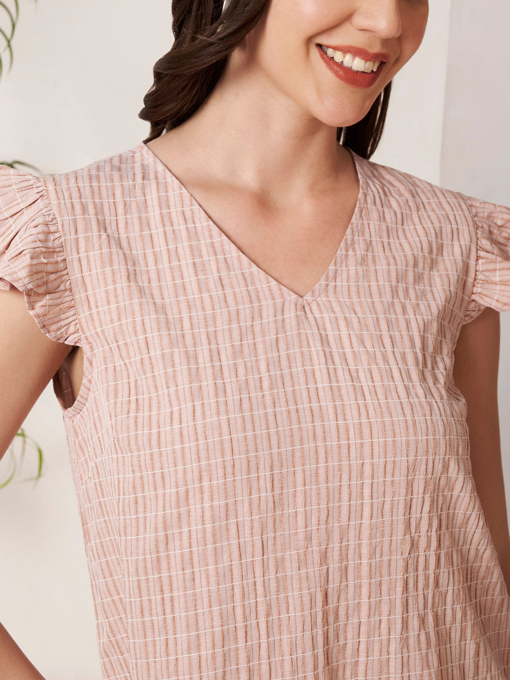 Women's Checked Ruffle Sleeve V-Neck Top