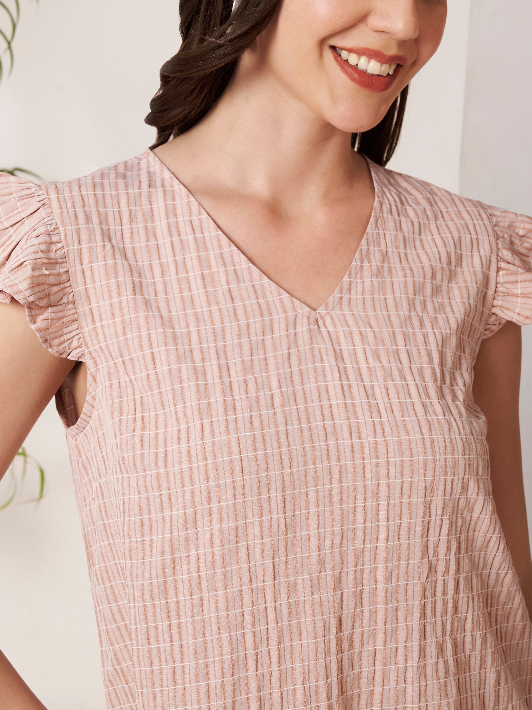 Women's Checked Ruffle Sleeve V-Neck Top