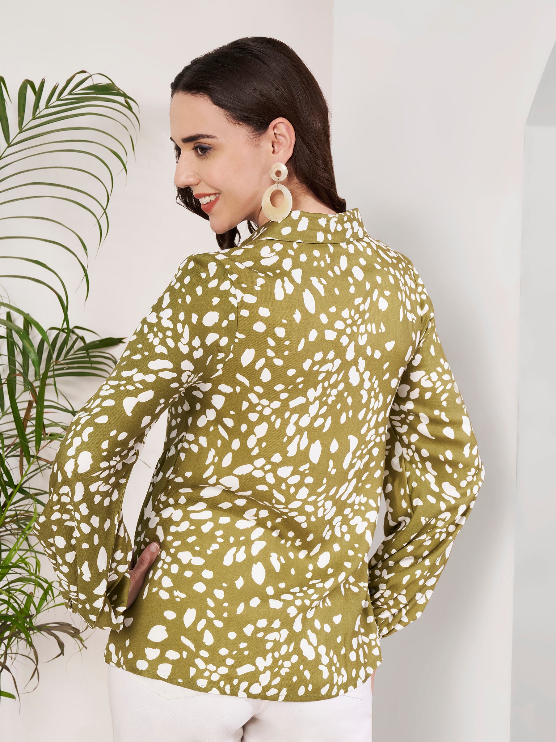 Women's Olive Green Printed Peplum Shirt