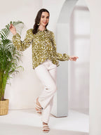 Women's Olive Green Printed Peplum Shirt