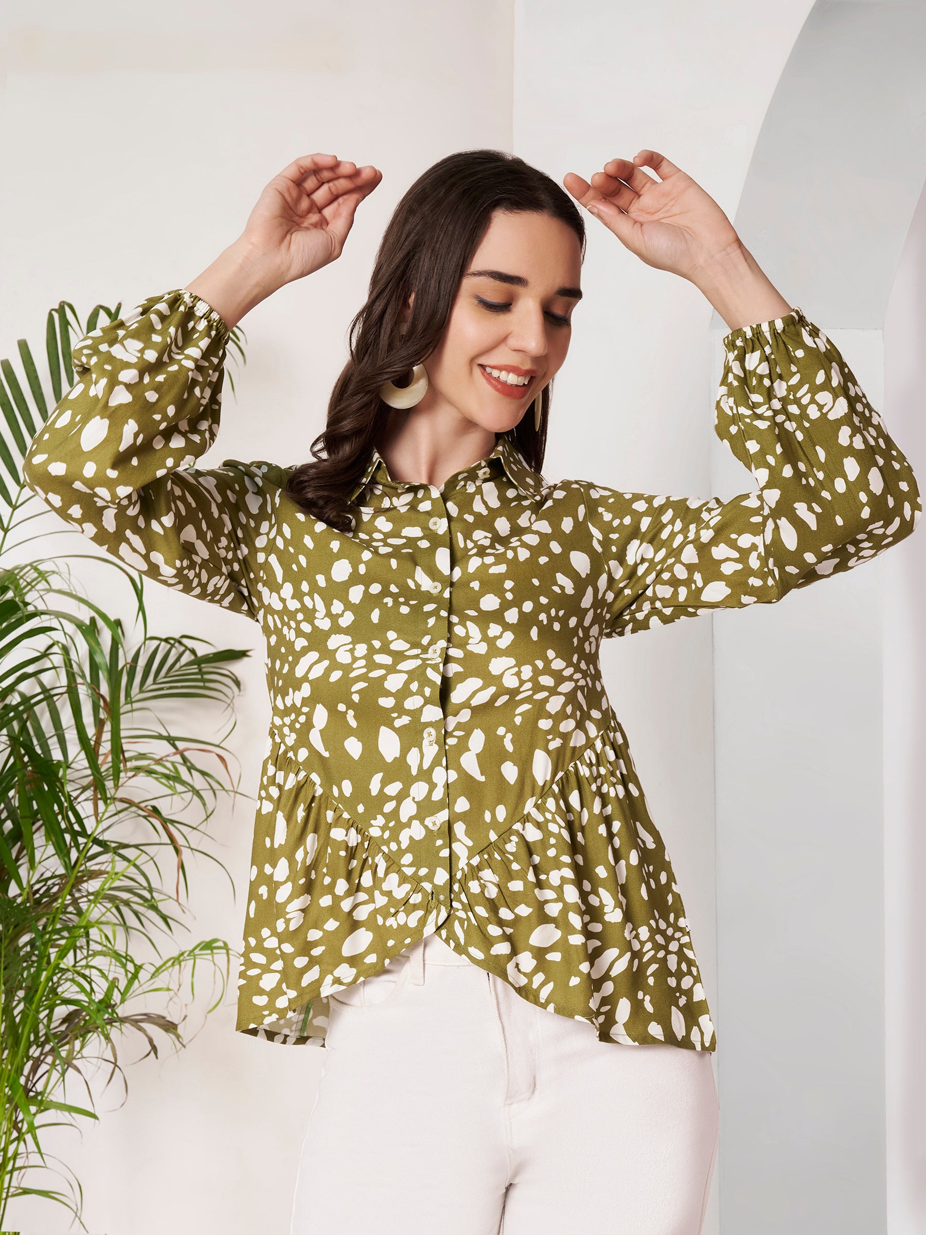 Women's Olive Green Printed Peplum Shirt