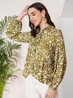 Women's Olive Green Printed Peplum Shirt