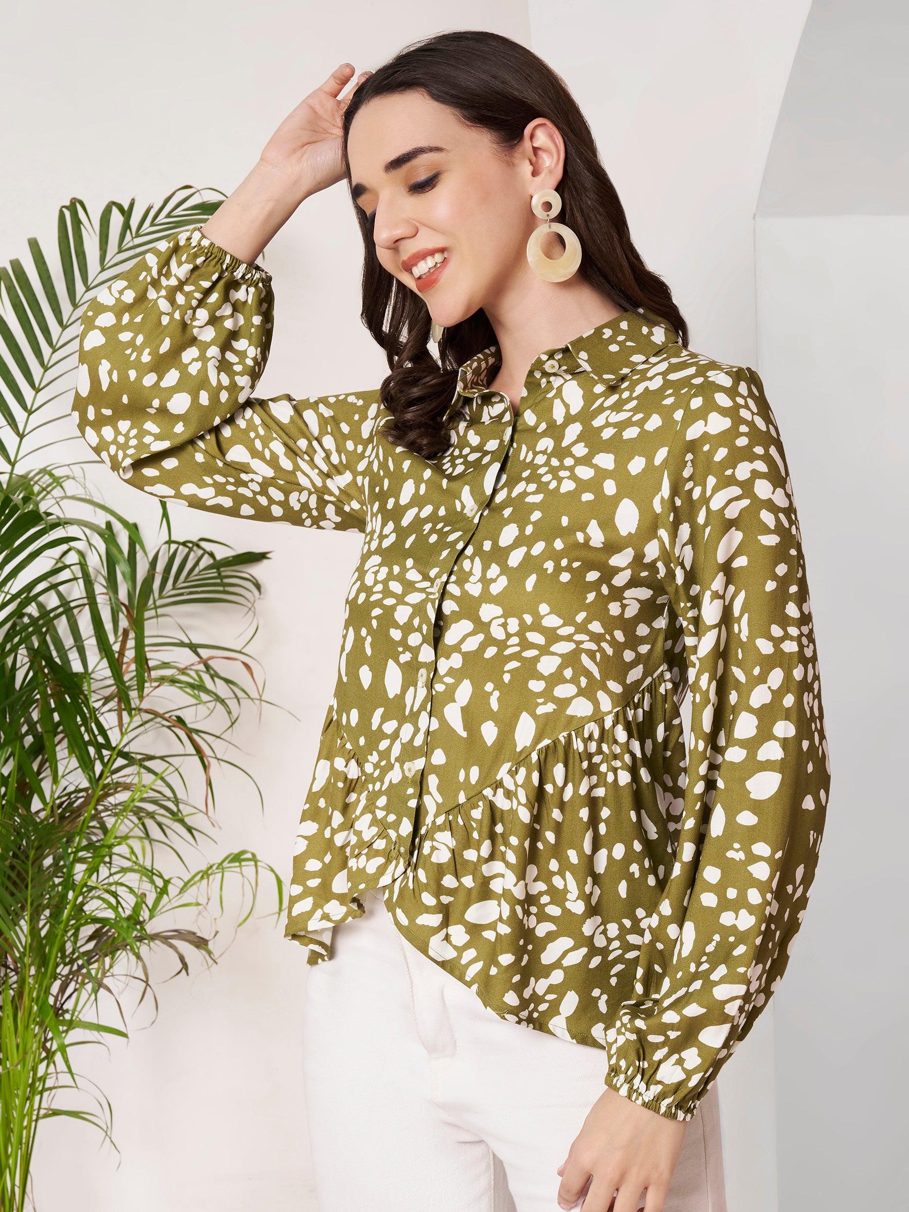Women's Olive Green Printed Peplum Shirt