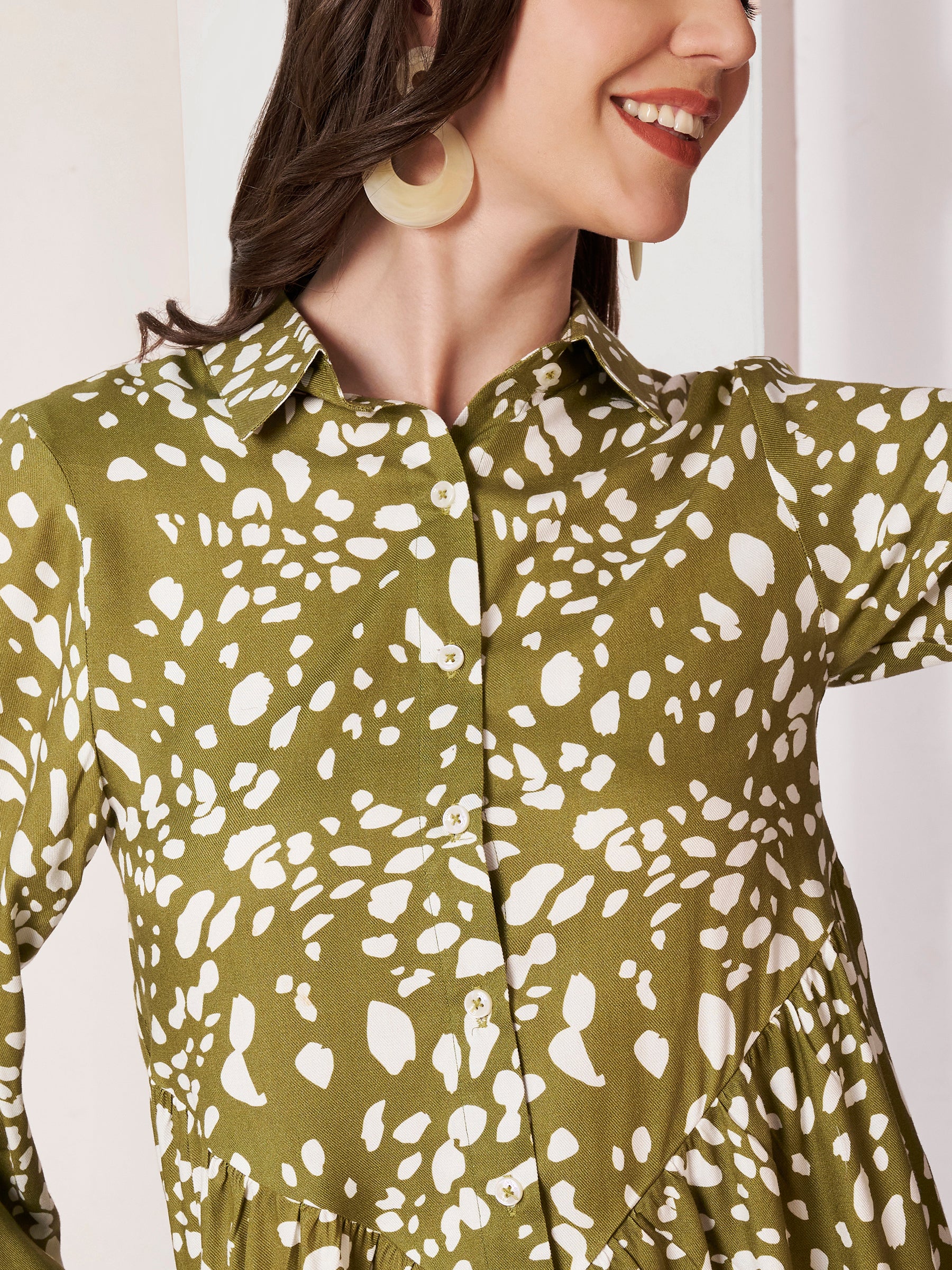 Women's Olive Green Printed Peplum Shirt