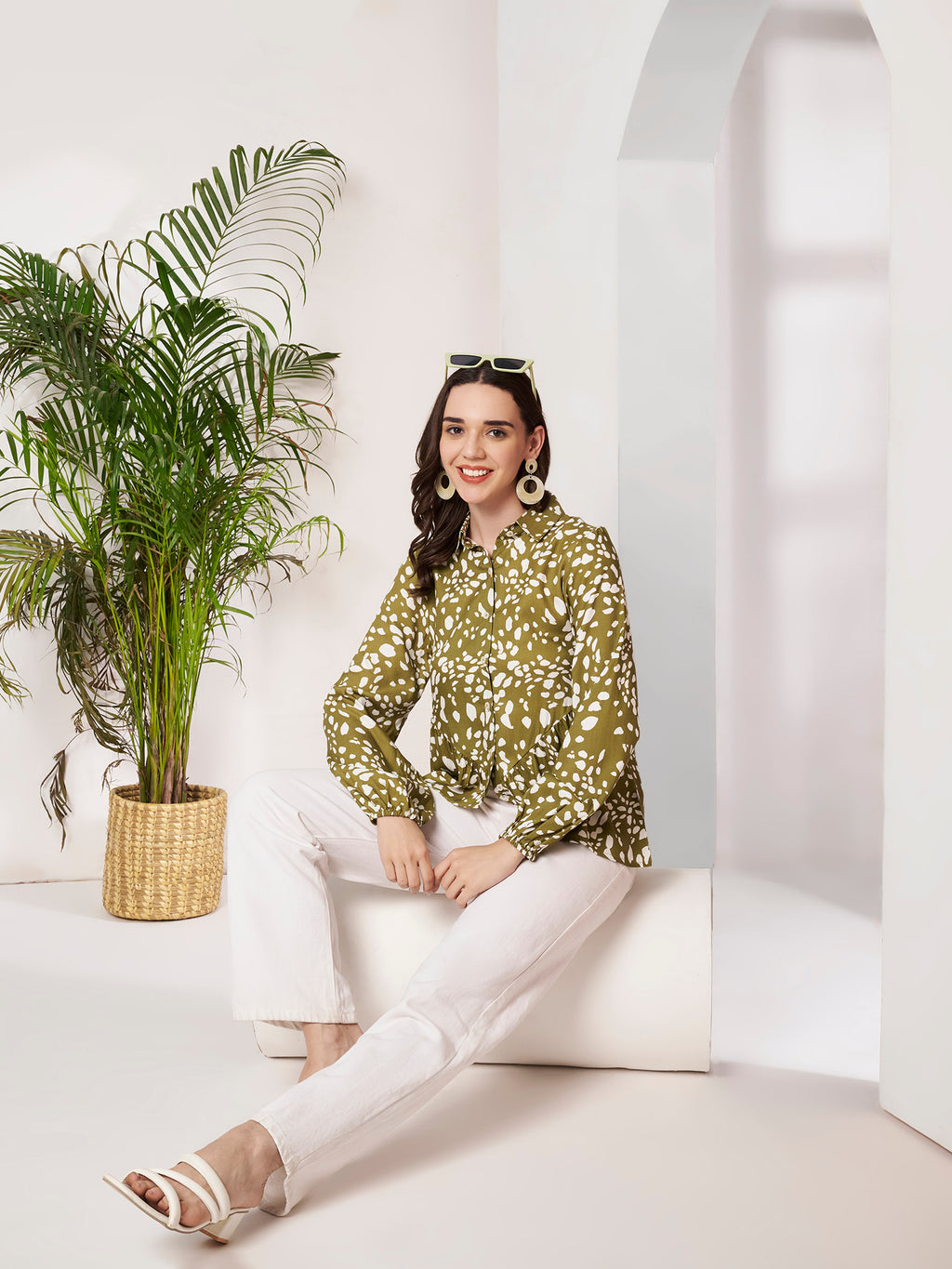 Women's Olive Green Printed Peplum Shirt