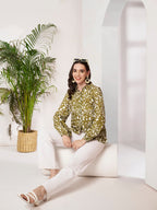 Women's Olive Green Printed Peplum Shirt