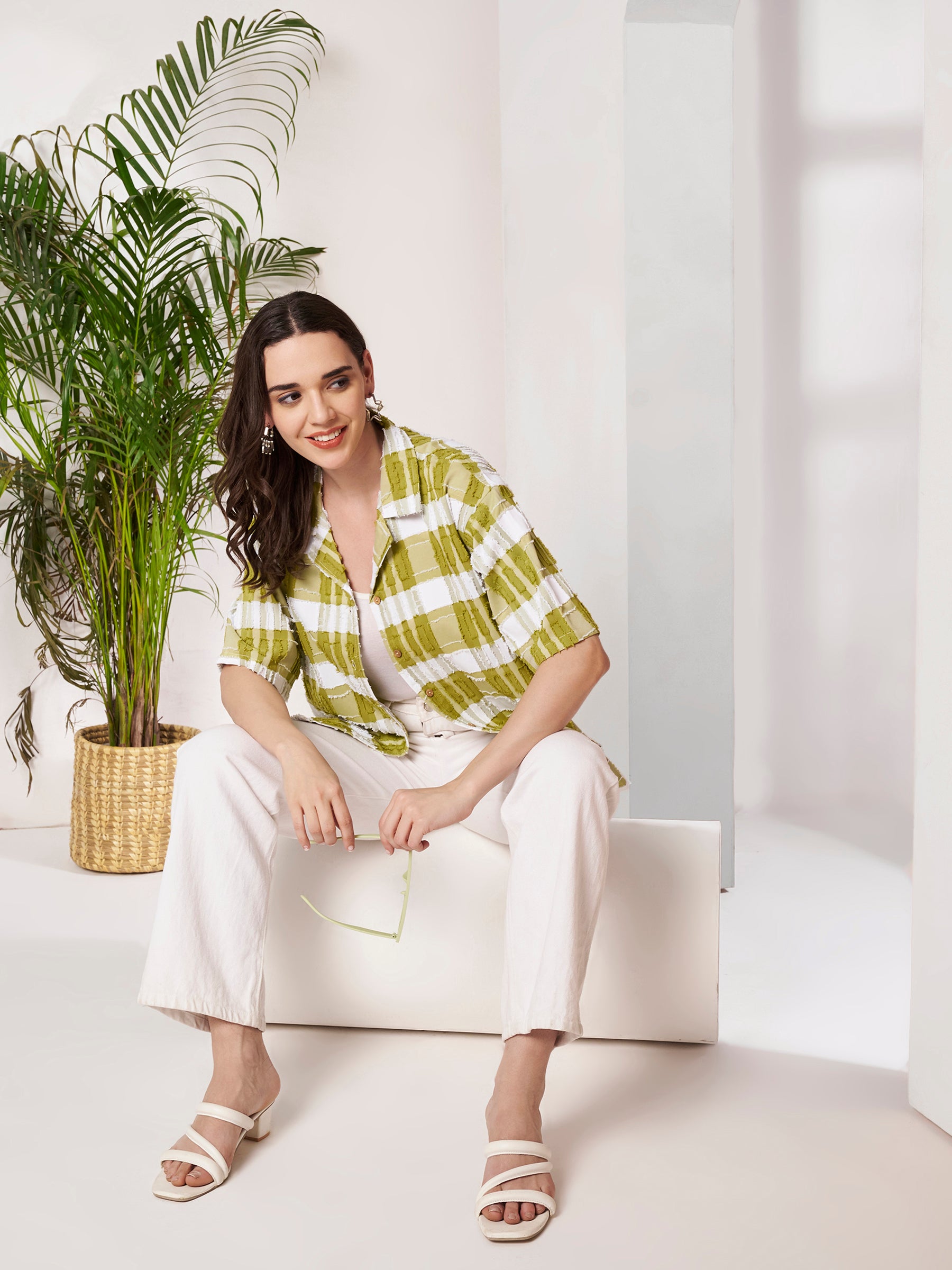 Women's Checkered Textured Button-Down Shirt