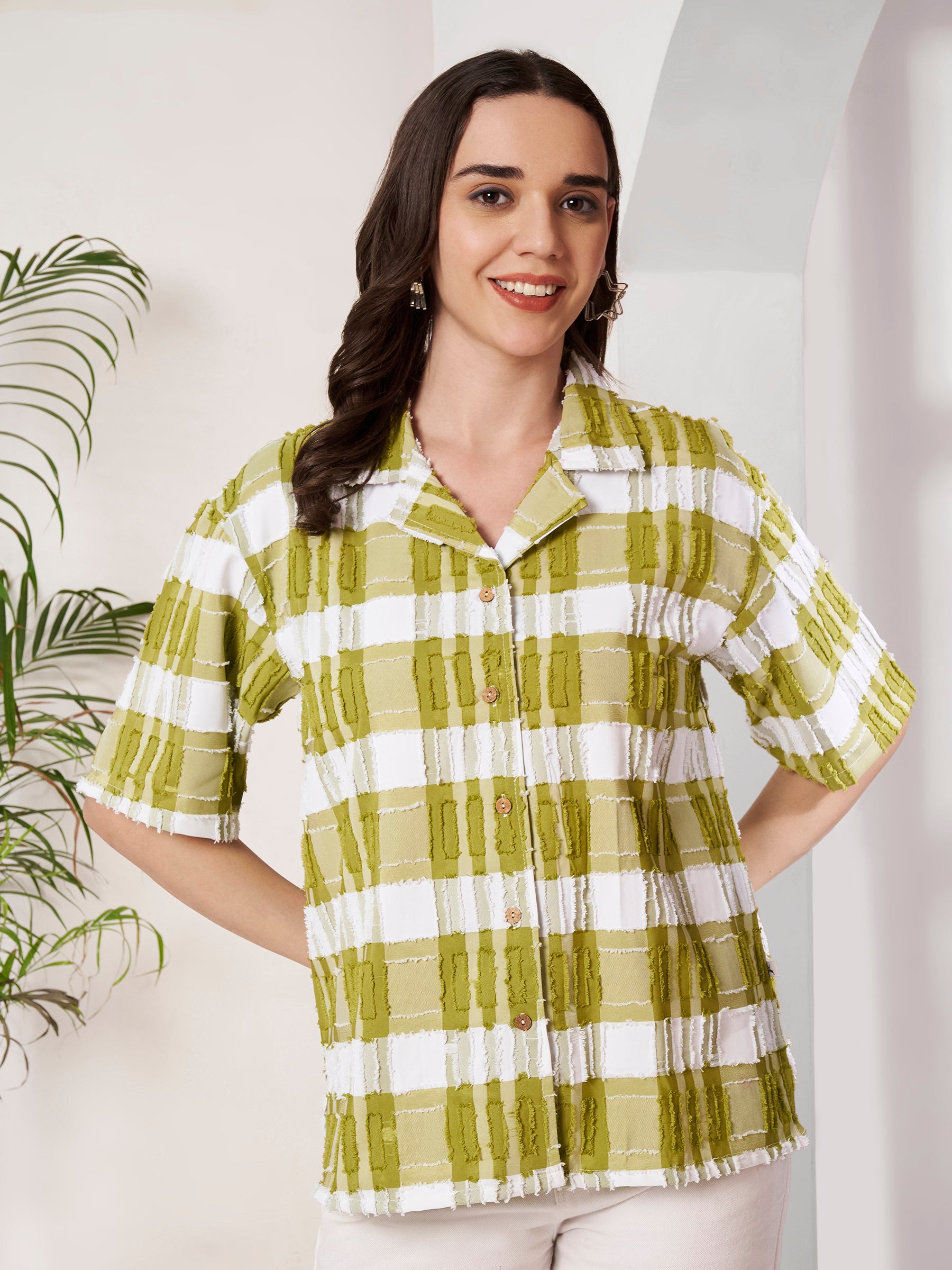 Women's Checkered Textured Button-Down Shirt