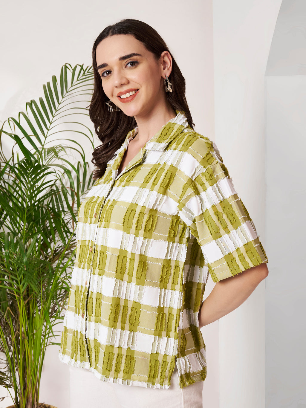 Women's Checkered Textured Button-Down Shirt