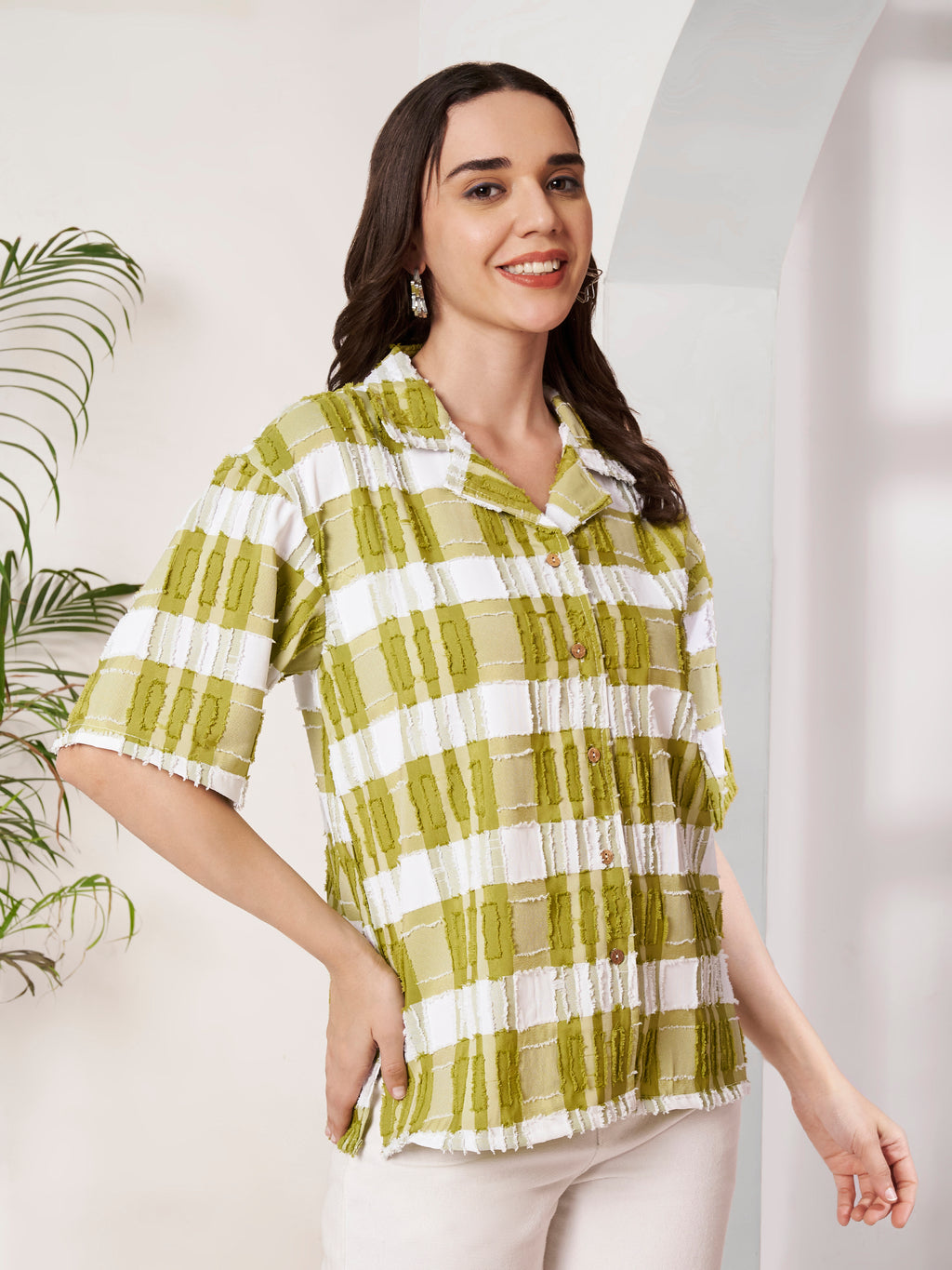 Women's Checkered Textured Button-Down Shirt