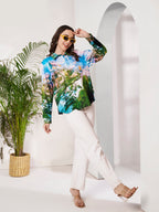 Women's Scenic Village Landscape Print Full Sleeve Button-Down Shirt