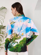 Women's Scenic Village Landscape Print Full Sleeve Button-Down Shirt