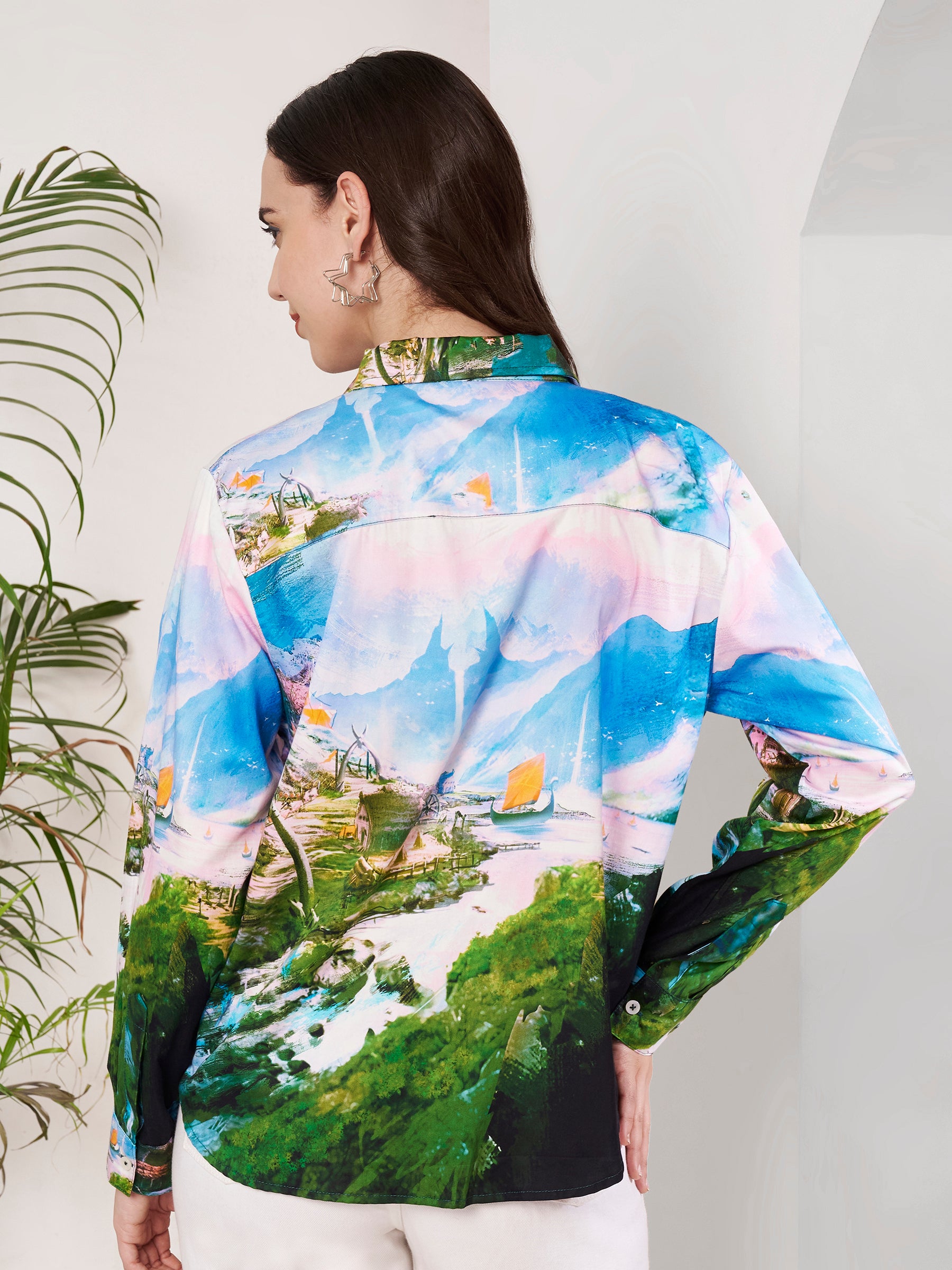 Women's Scenic Village Landscape Print Full Sleeve Button-Down Shirt