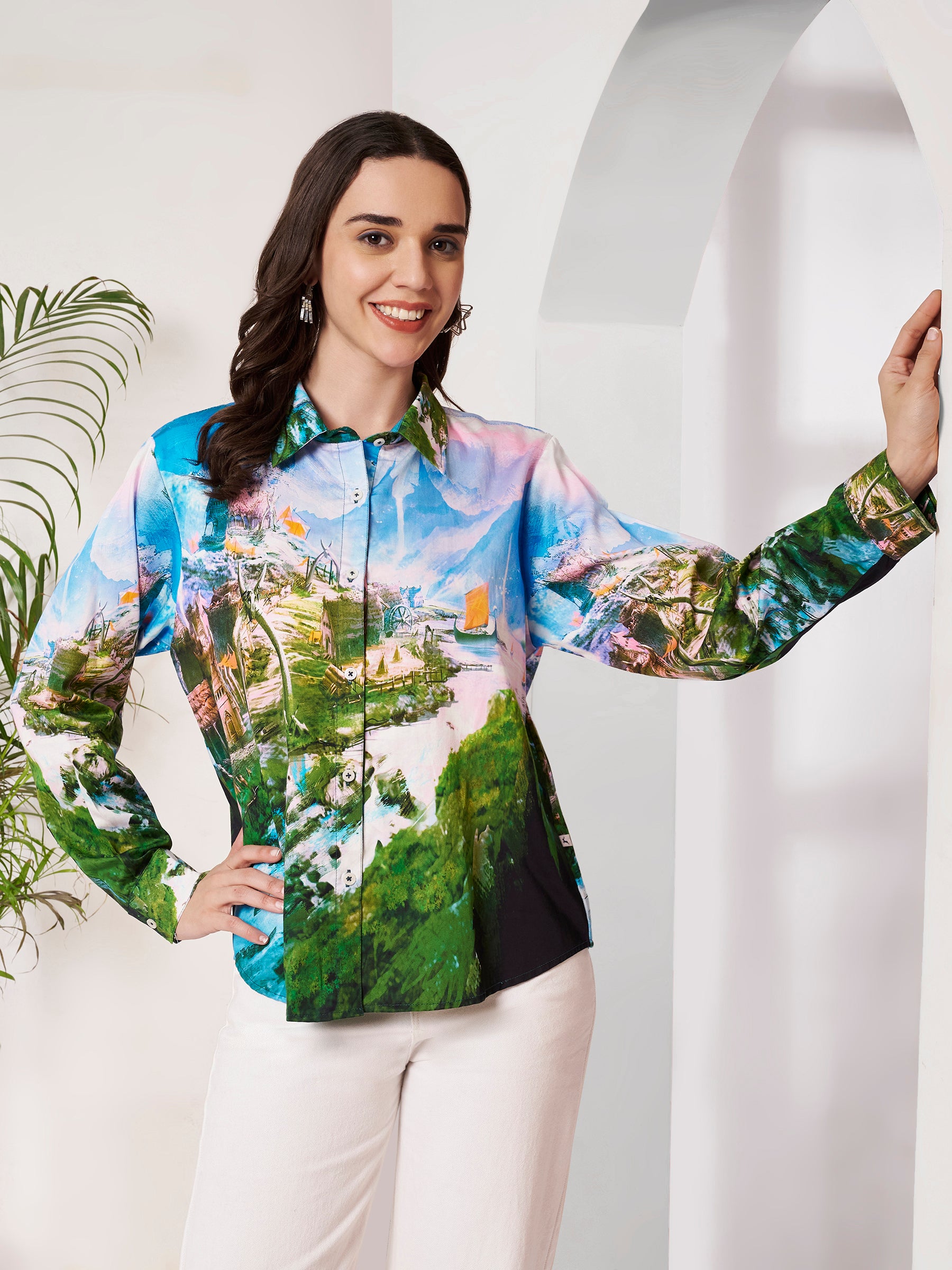 Women's Scenic Village Landscape Print Full Sleeve Button-Down Shirt