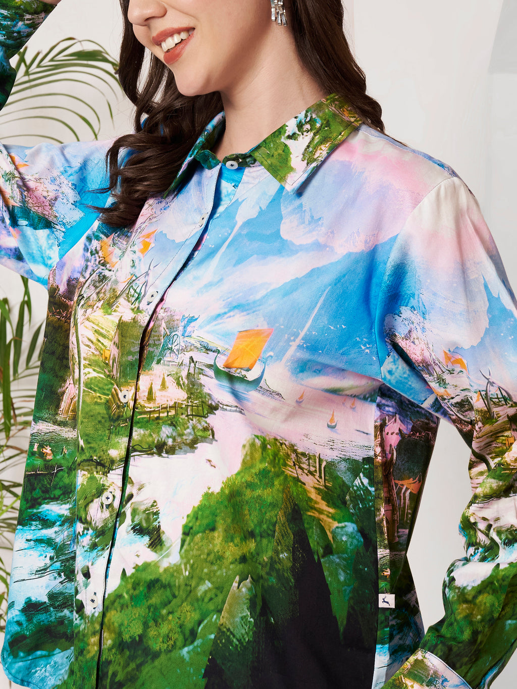 Women's Scenic Village Landscape Print Full Sleeve Button-Down Shirt