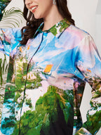 Women's Scenic Village Landscape Print Full Sleeve Button-Down Shirt