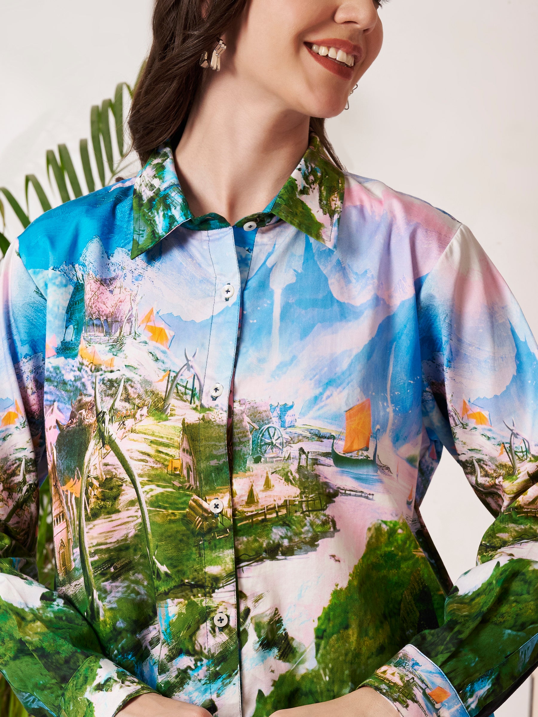 Women's Scenic Village Landscape Print Full Sleeve Button-Down Shirt