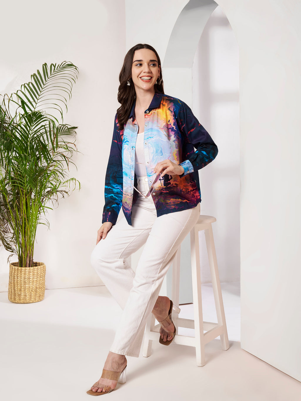 Women's Cosmic Warrior Artistic Print Full Sleeve Button-Down Shirt