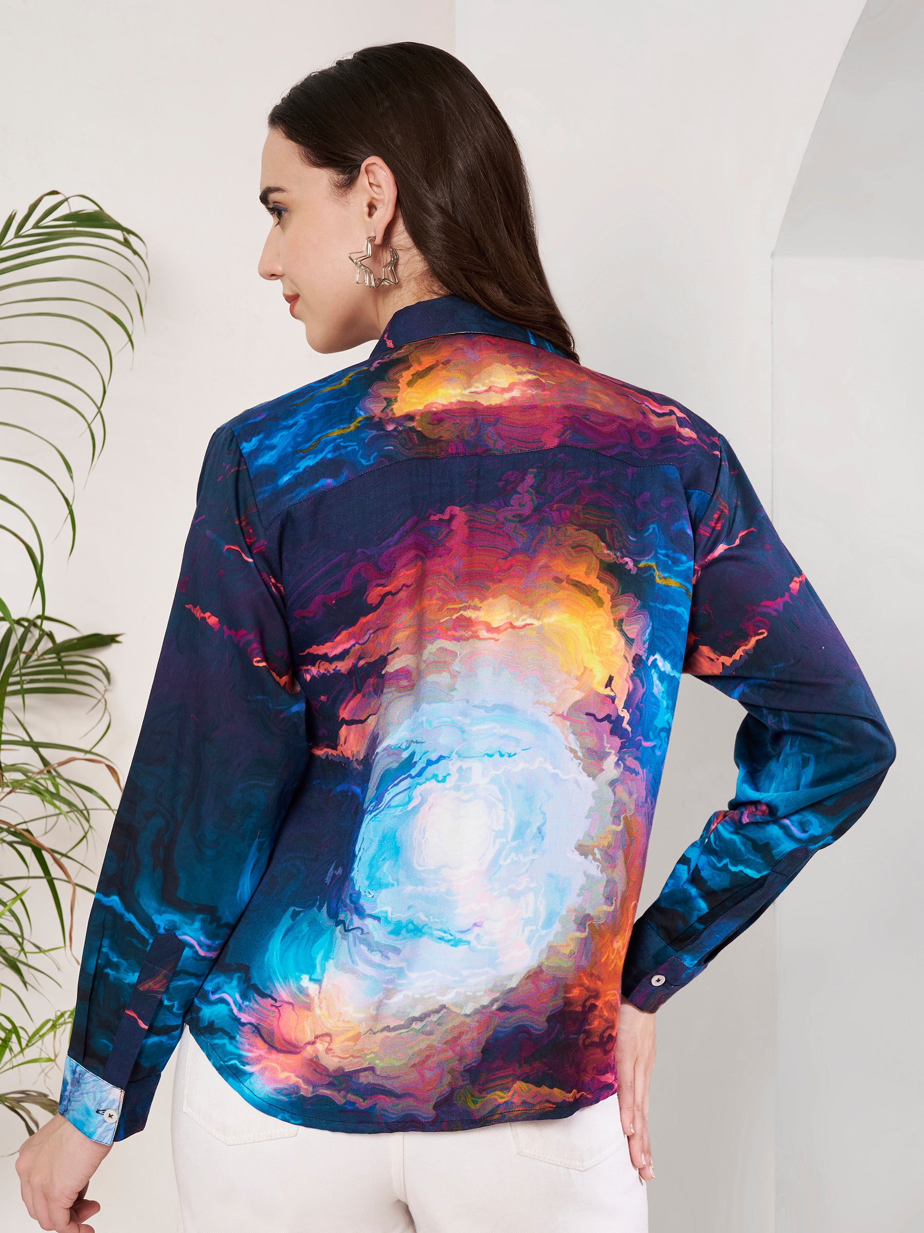 Women's Cosmic Warrior Artistic Print Full Sleeve Button-Down Shirt