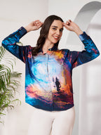 Women's Cosmic Warrior Artistic Print Full Sleeve Button-Down Shirt