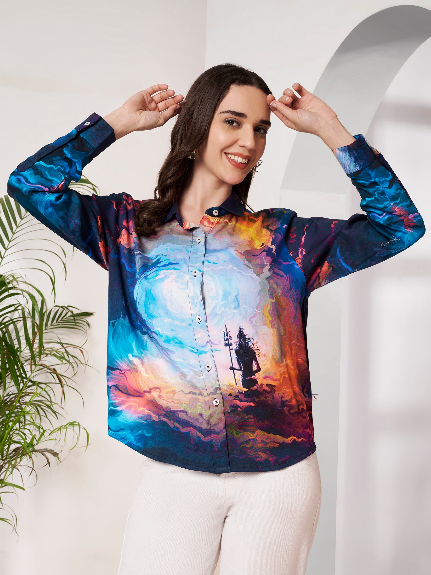 Women's Cosmic Warrior Artistic Print Full Sleeve Button-Down Shirt