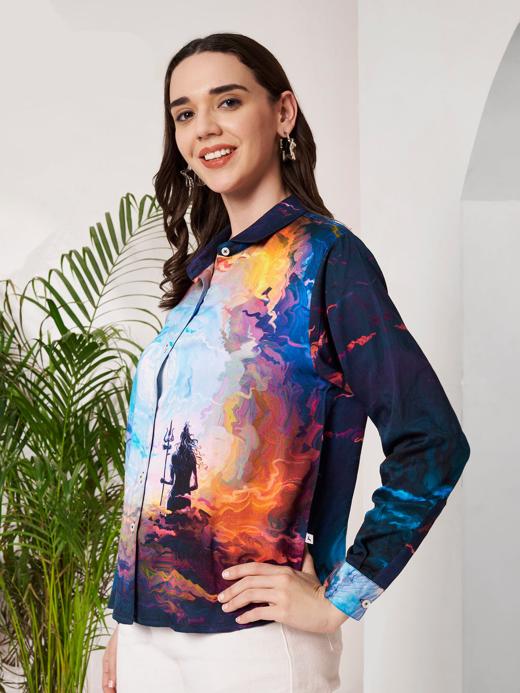 Women's Cosmic Warrior Artistic Print Full Sleeve Button-Down Shirt