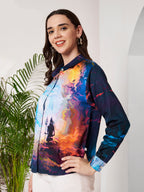 Women's Cosmic Warrior Artistic Print Full Sleeve Button-Down Shirt